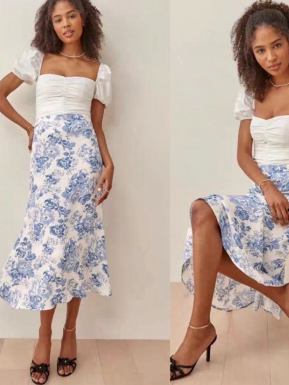 Reformation White Midi Skirt with Blue Floral Print